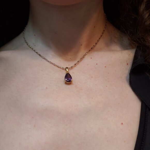 Goldplated Sterling Silver (gold coloured) 16" Necklace with Amethyst Pendant - Picture 1 of 4